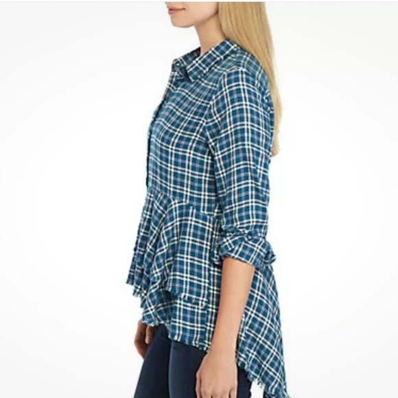 True Craft Women's Plaid Top with Peplum | Distressed Details | Fun & Swingy - Picture 3 of 12